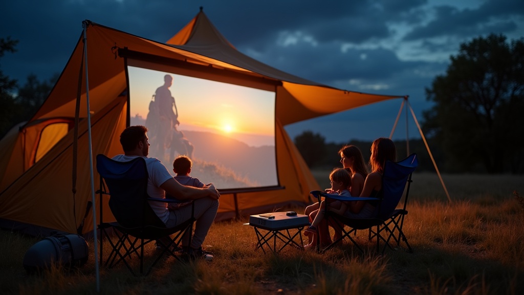 タープ下でポータブルプロジェクターを使いファミリーキャンプでアウトドアシアターを楽しむ家族の様子