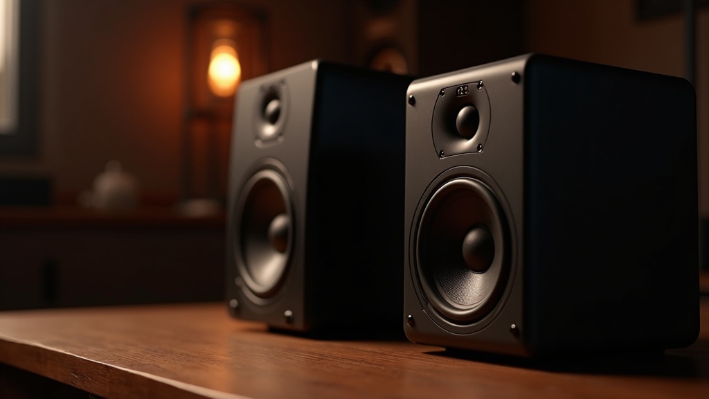 リスニング用スピーカーとフラット特性のスタジオモニタースピーカーを横に並べて比較した様子