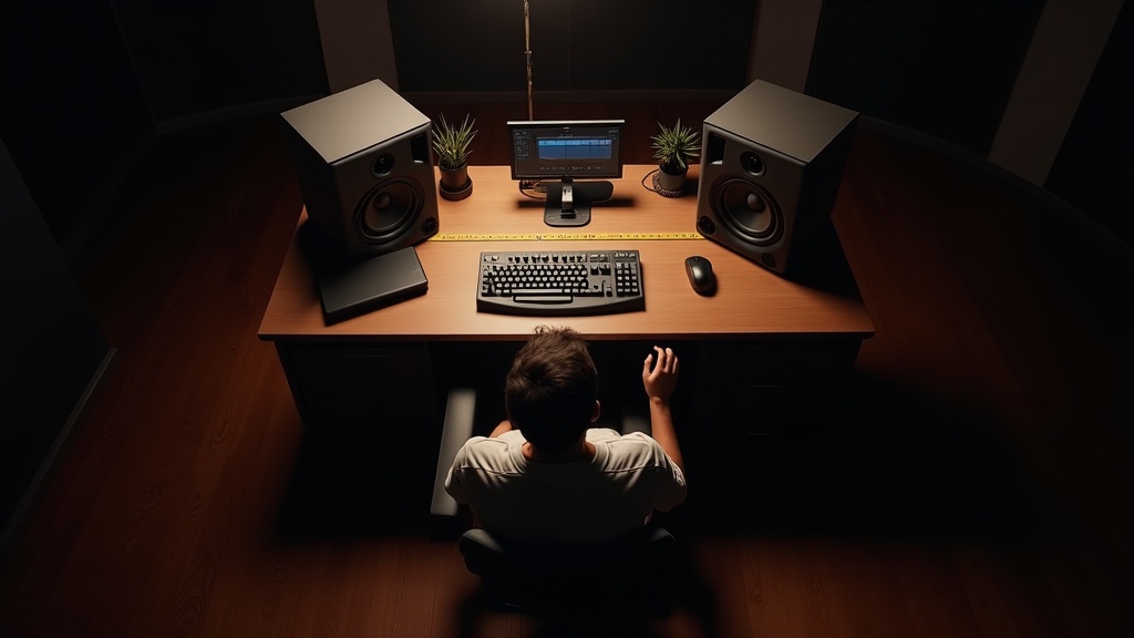 モニタースピーカーの正三角形配置を上から見た俯瞰図。左右のスピーカーがリスニングポジションに向けて30度内側に傾けられている