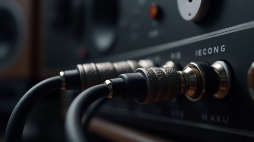 オーディオインターフェースの背面出力端子にXLRケーブルとTRSケーブルを接続している様子のクローズアップ