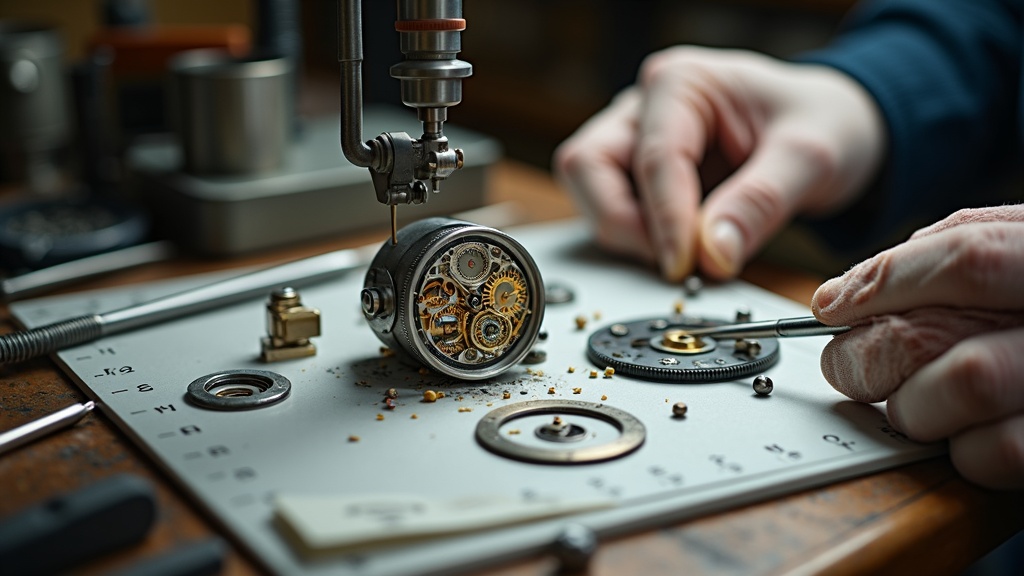 時計職人によるダイバーズウォッチのオーバーホール作業、分解されたムーブメントとOリングパッキンが作業台に並ぶ