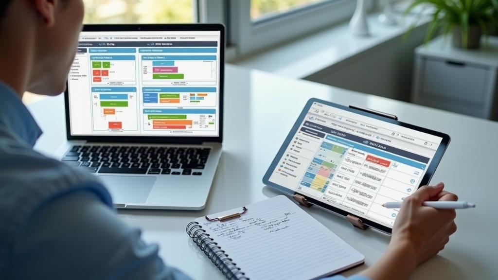 ノートパソコンとタブレットで複数のワークフロー自動化ツールのダッシュボードを比較検討するビジネスパーソン