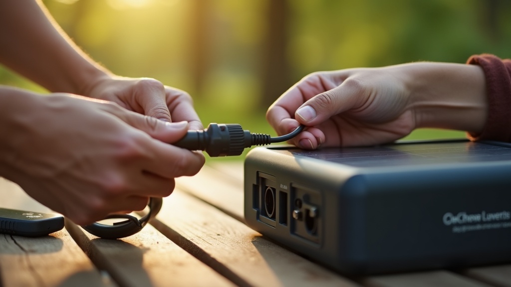 ソーラーパネルのケーブルをポータブル電源のDC入力ポートに接続している手元のアップ写真