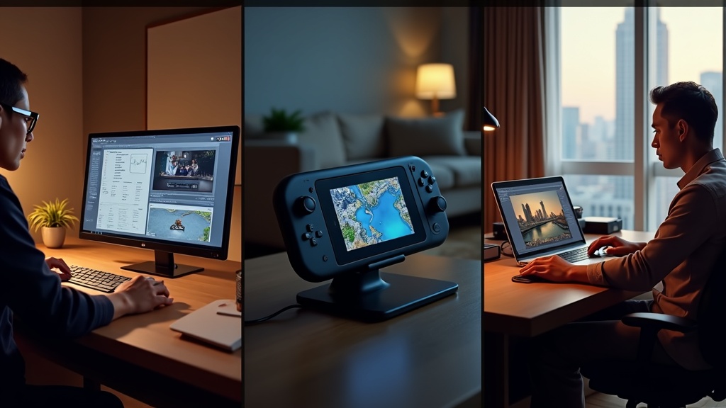 テレワーク・ゲーム・出張旅行の3つの用途でポータブルモニターを活用するシーン