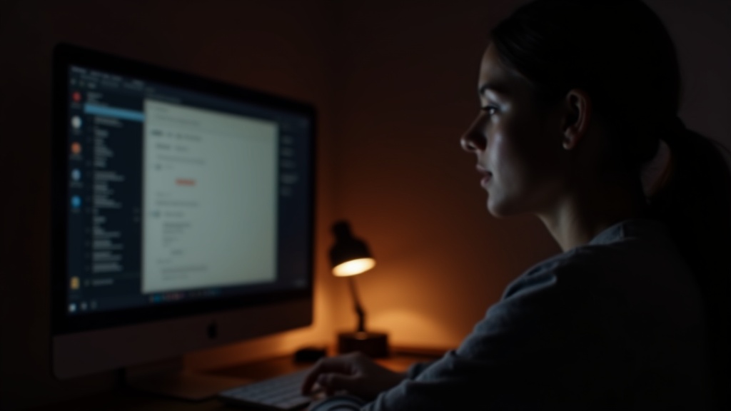 夜間に輝度を抑えたポータブルモニターで目への負担を軽減しながら作業する様子