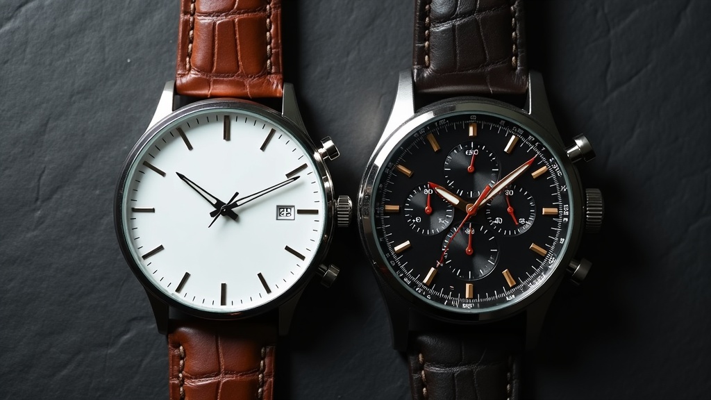 薄型ドレスウォッチとスポーツクロノグラフウォッチを横に並べた比較フラットレイ