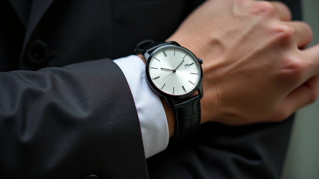 チャコールスーツに合わせたドーム型ガラスのエントリークラスドレスウォッチ
