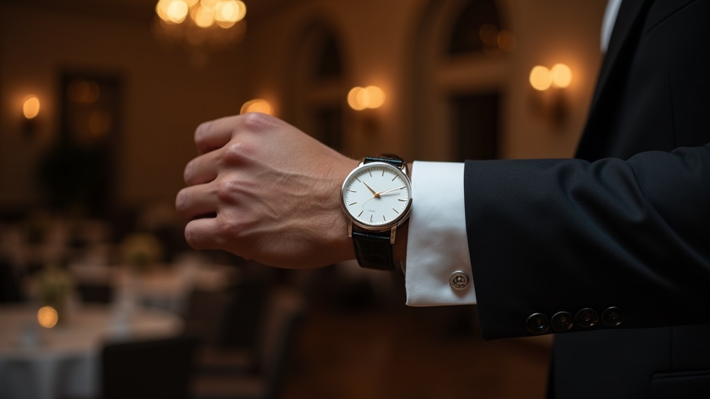 フォーマルウェアの袖口から覗くシルバーケース白文字盤の薄型ドレスウォッチ