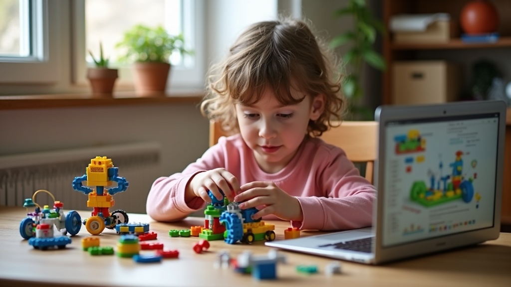 小学生がロボットキットを組み立てながらオンラインプログラミング授業で学ぶ様子