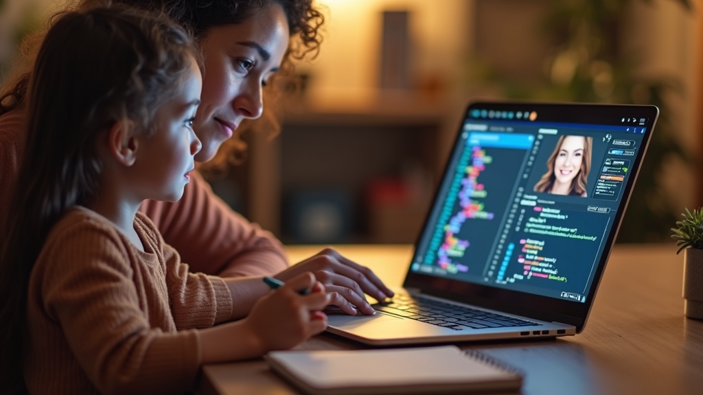 保護者と子どもが一緒にオンラインプログラミング教室の無料体験レッスンを受けている場面