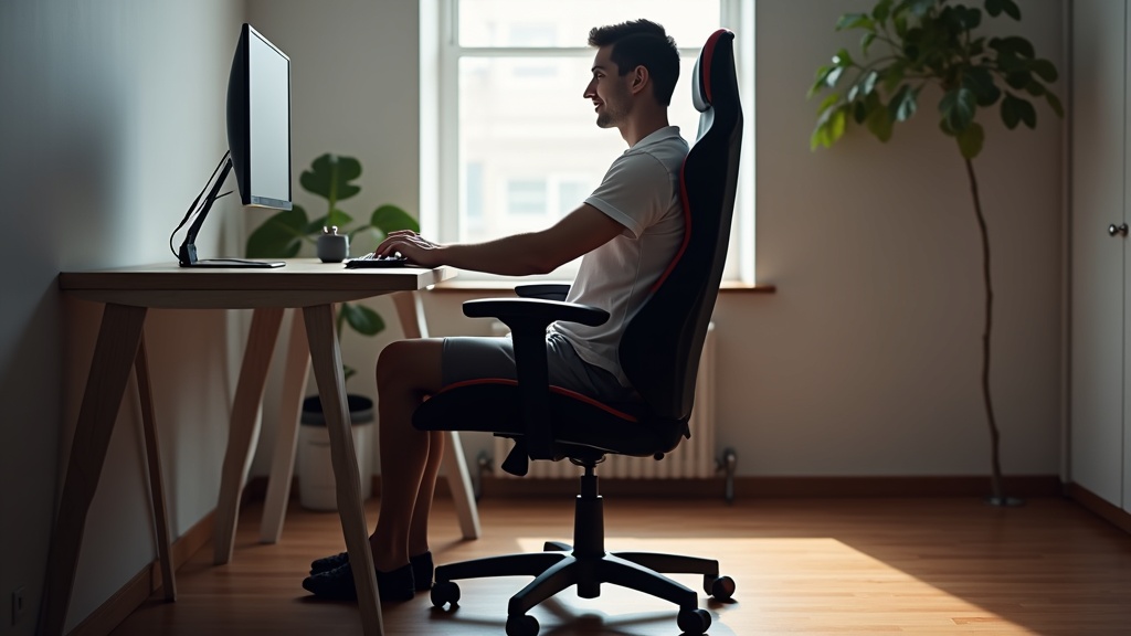 ゲーミングチェアに正しい姿勢で座り膝が90度に曲がった状態の横からの写真