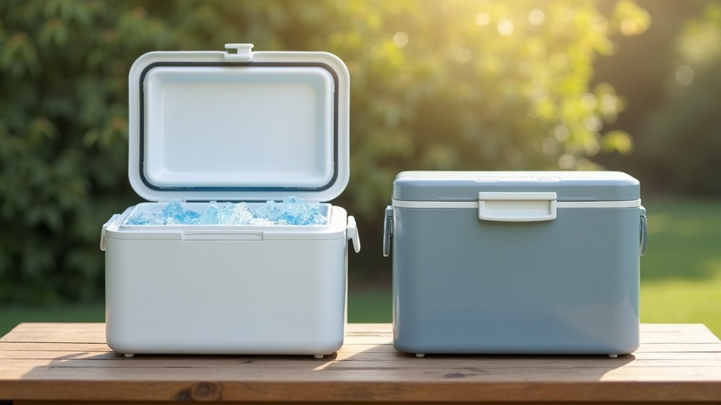 コンプレッサー式とペルチェ式2種類の車載冷蔵庫を並べて比較している様子