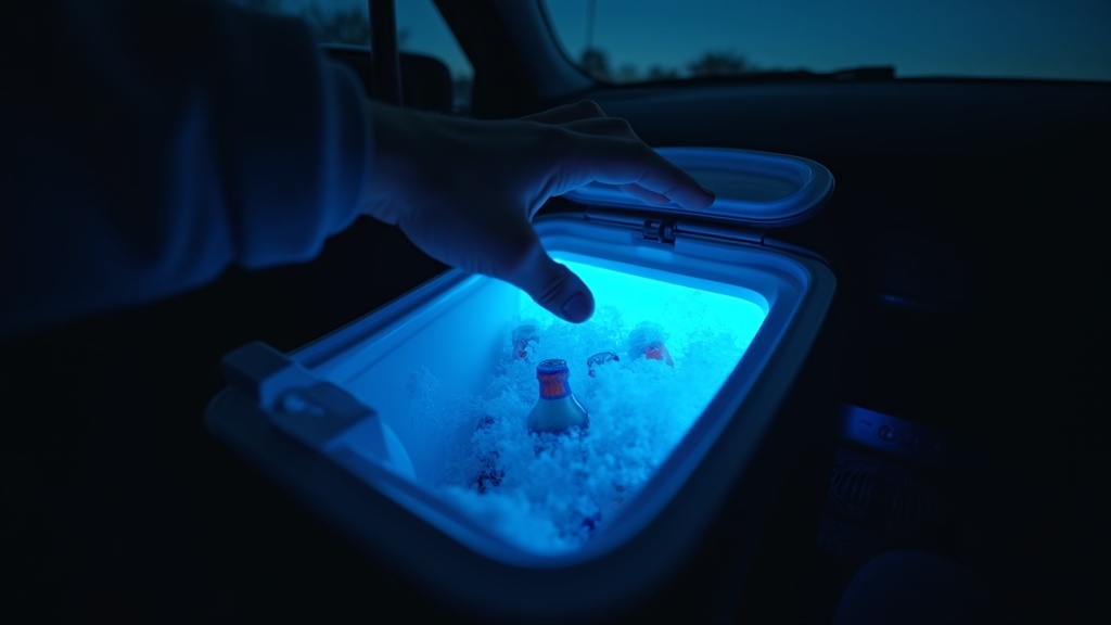 夜間の車内で車載冷蔵庫からドリンクを取り出す手元のクローズアップ