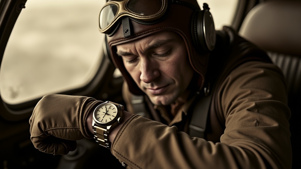 1940年代の飛行士がグローブをしたまま腕時計を確認している歴史的な航空シーン