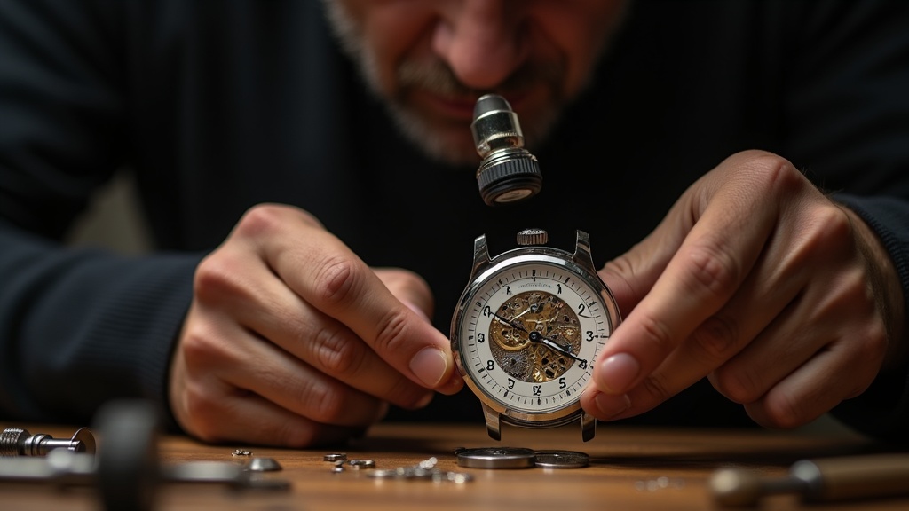 時計職人がルーペを使って機械式パイロットウォッチのムーブメントをオーバーホールしている場面