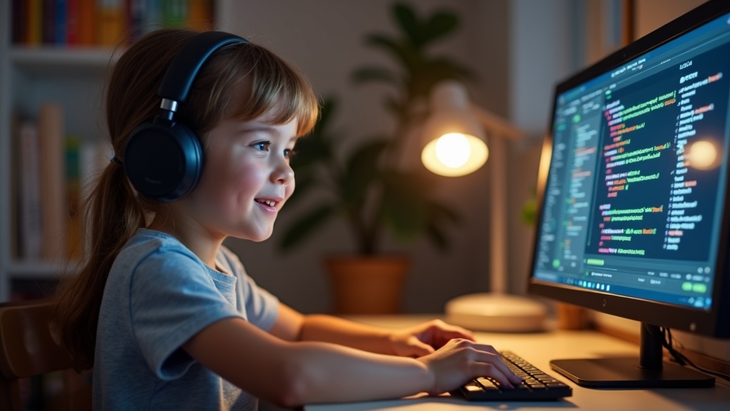 小学生がオンラインでゲーム感覚のプログラミング授業を受けている様子