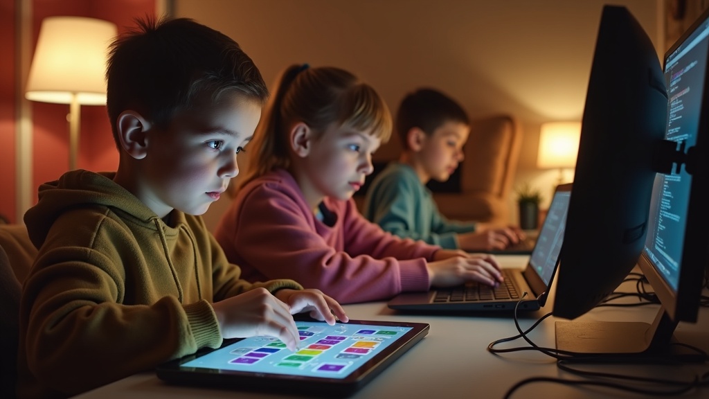 異なる年齢の子供たちがそれぞれのレベルに合ったプログラミング学習に取り組む様子