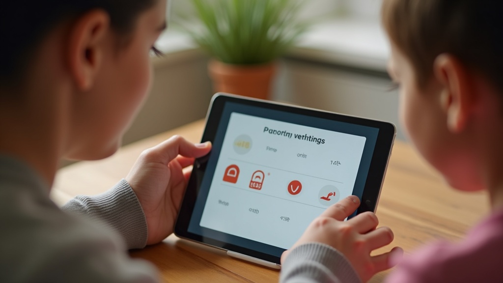保護者がタブレットのペアレンタルコントロール設定画面で子どもの利用制限を設定している様子