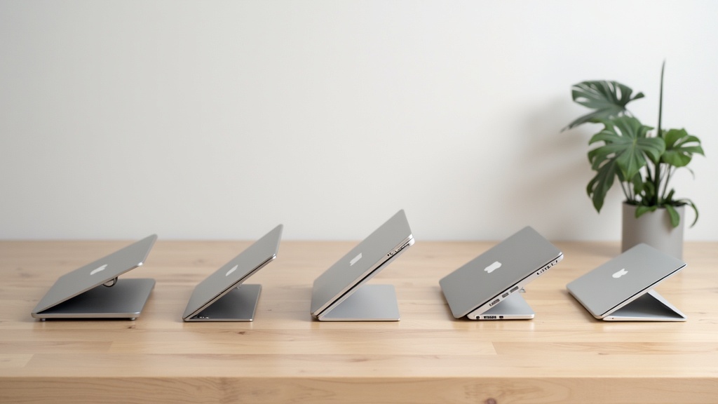 異なるタイプのノートPCスタンド5種類を並べた比較俯瞰写真。折りたたみ式・アルミ製・ハブ内蔵など形状の違いが一目でわかる