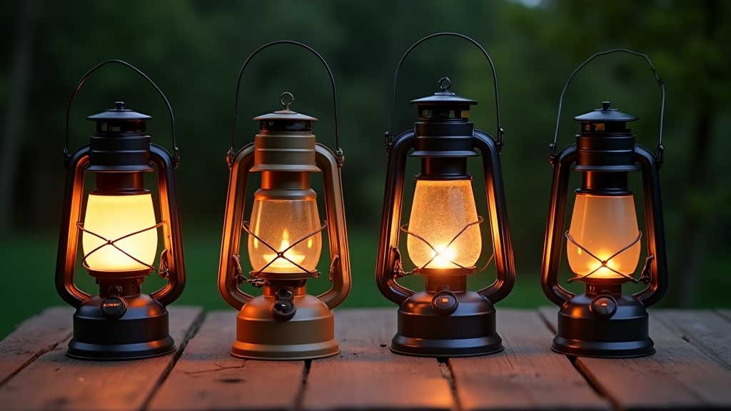 LEDランタン・ガスランタン・オイルランタン・充電式ランタンの4種類をテーブルに並べて比較した写真