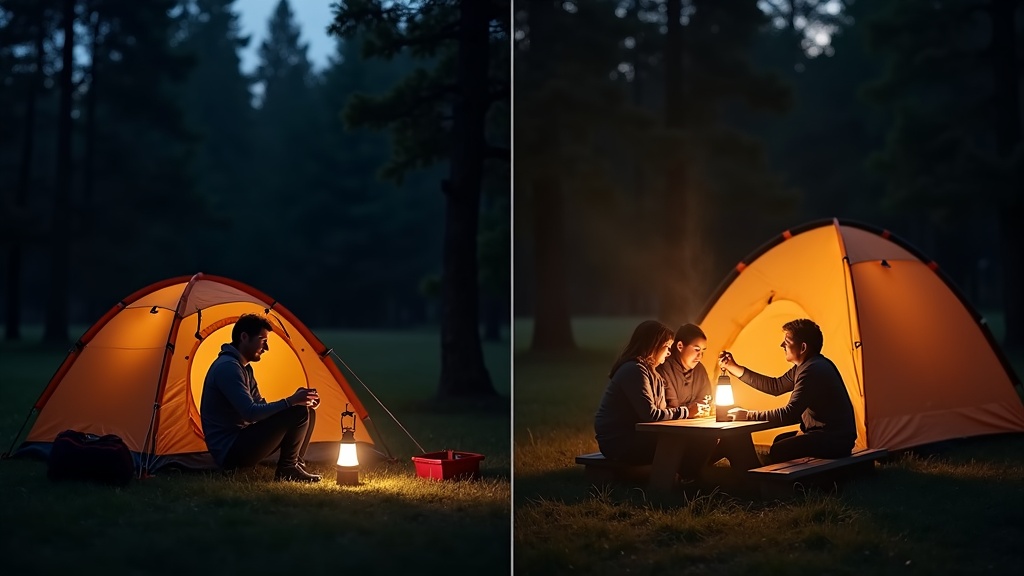 ソロキャンプで小型ランタンを使う場面とファミリーキャンプで大型ランタンを使う場面を並べて比較した写真