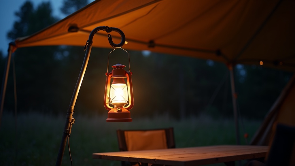 ランタンスタンドポールにLEDランタンを吊るしてタープ下のキャンプサイトを広く照らしているアクセサリー活用例