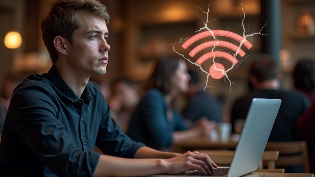 カフェの公共Wi-Fiに接続するリスクと盗聴の危険性を示すイメージ