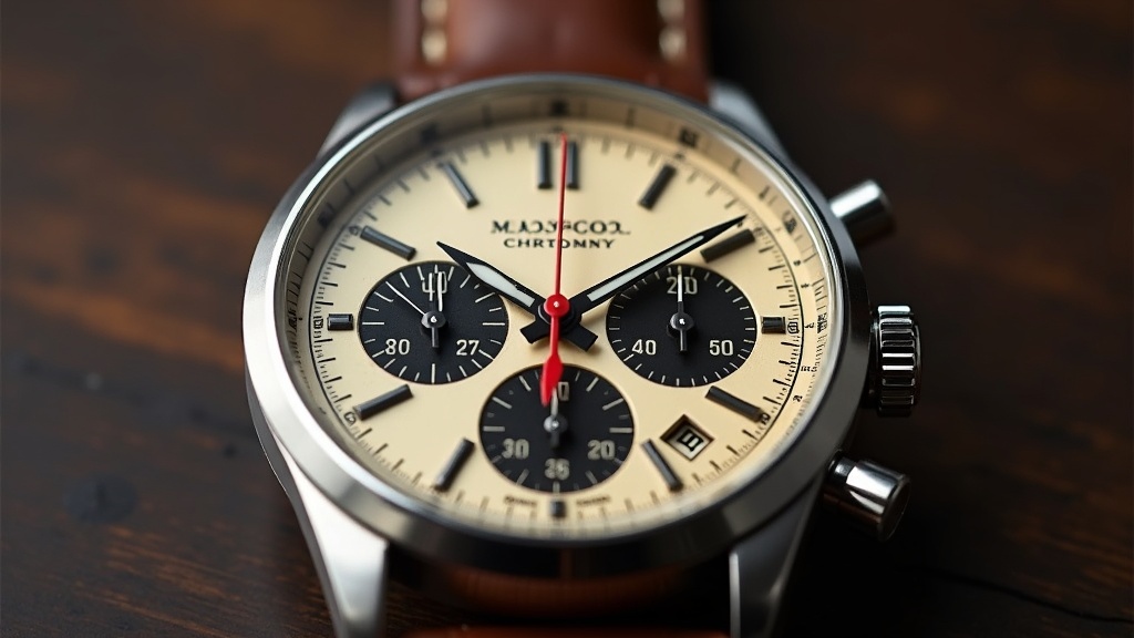 クロノグラフ腕時計の文字盤正面。積算計のサブダイアル3つとクロノグラフ秒針、2時・4時位置のプッシャーが見える機械式時計