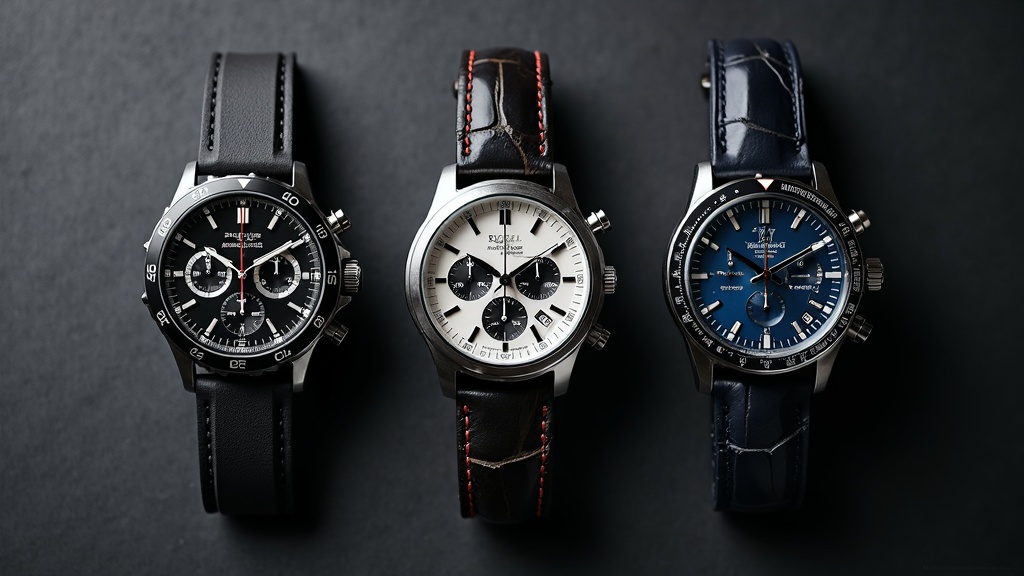 価格帯別に並べた3本のクロノグラフ腕時計。左からエントリー・ミドル・ハイエンドの質感の違いがわかる比較