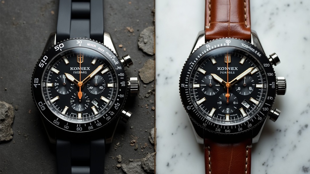 スポーツ志向の大型クロノグラフ（左）とドレス志向のスリムなクロノグラフ（右）を並べたブランドキャラクター比較