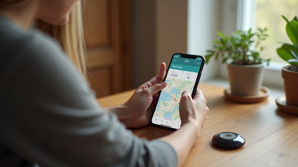 月額費用のかからない子供用GPSデバイスをスマートフォンアプリで管理する保護者のイメージ