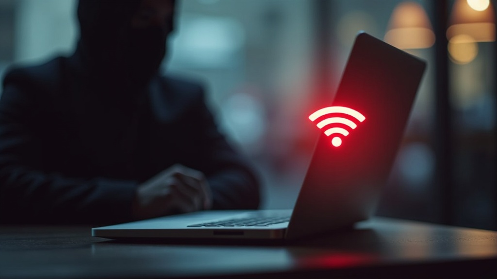 フリーWi-Fi接続中のノートパソコンと通信を傍受しようとするハッカーのイメージ、テレワークのセキュリティリスク