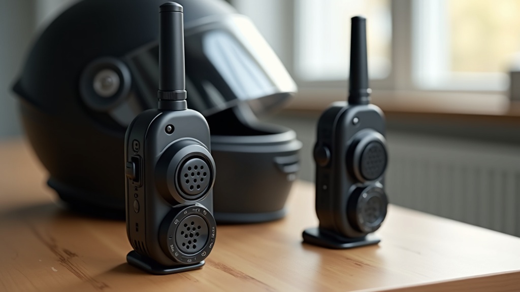 バイク用Bluetoothインカム本体とフルフェイスヘルメットを並べた比較イメージ。大型ダイヤルと防水構造が確認できる