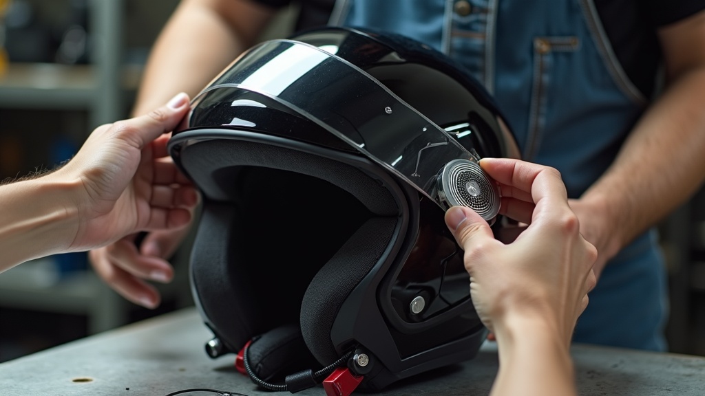 フルフェイスヘルメットのチークパッドを外し、イヤーポケットにインカムスピーカーを取り付けている手順の様子