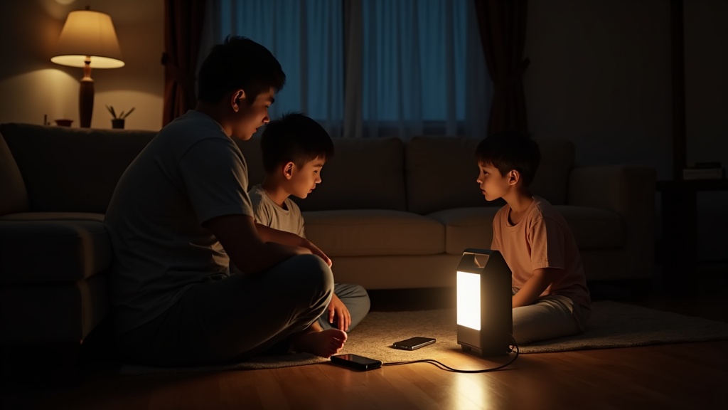停電時にポータブル電源で照明とスマートフォンを充電しながら過ごす家族の室内シーン