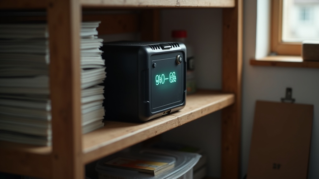 残量60%を示すポータブル電源を清潔な収納棚に適切に保管している様子