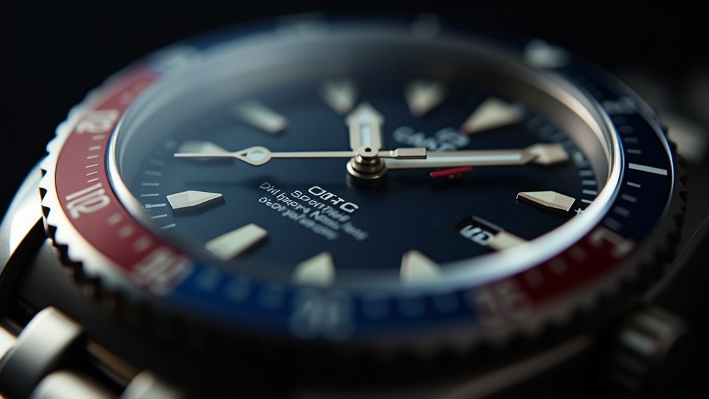 GMTウォッチの文字盤に2本の時針と24時間ベゼルが映るクローズアップ