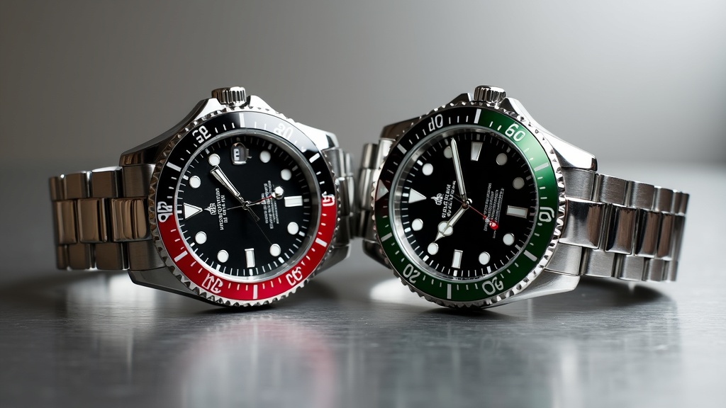 回転ベゼル付きスイス製GMTウォッチ2本の並べ比較
