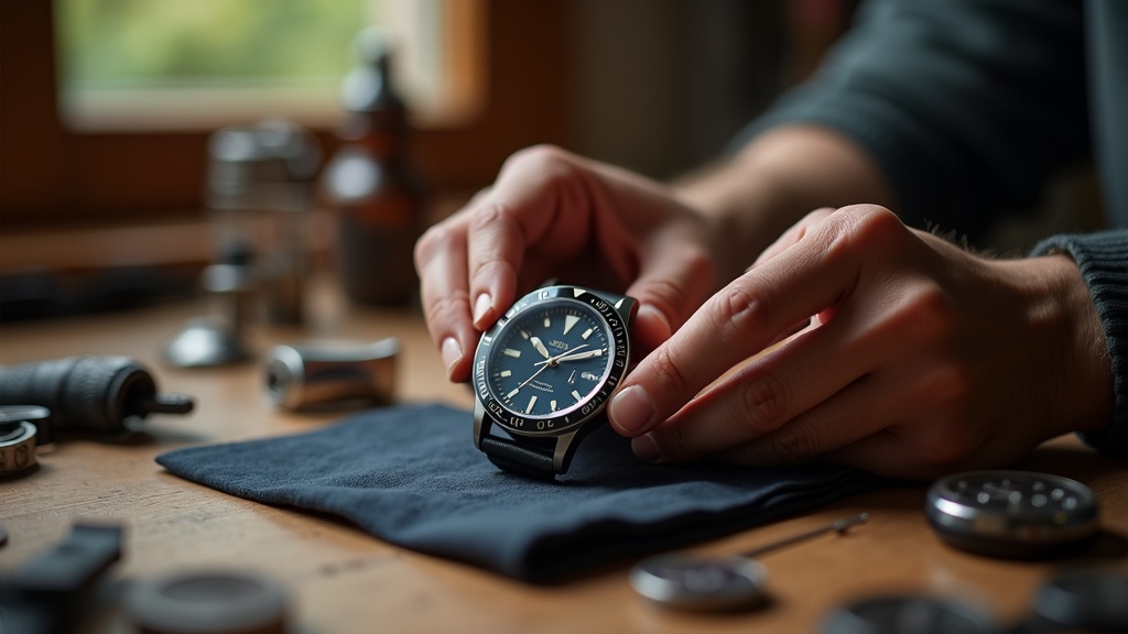時計師がGMTウォッチのリューズを調整するメンテナンス作業の手元
