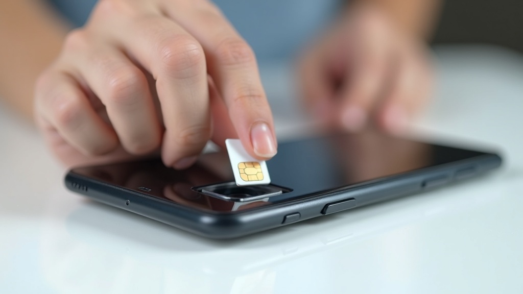 スマートフォンのSIMトレイに格安SIMカードを挿入する乗り換え作業の手元クローズアップ