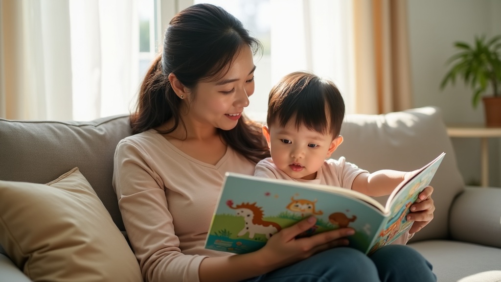 母親が幼児に英語の絵本を読み聞かせている早期英語教育の場面