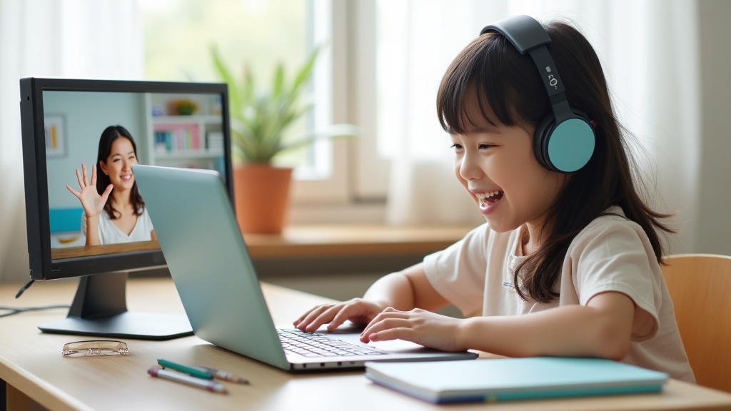 小学生がオンライン英会話で外国人講師とレッスンしている場面