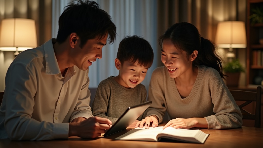 親子で英語学習サービスを選んでいる家族の様子