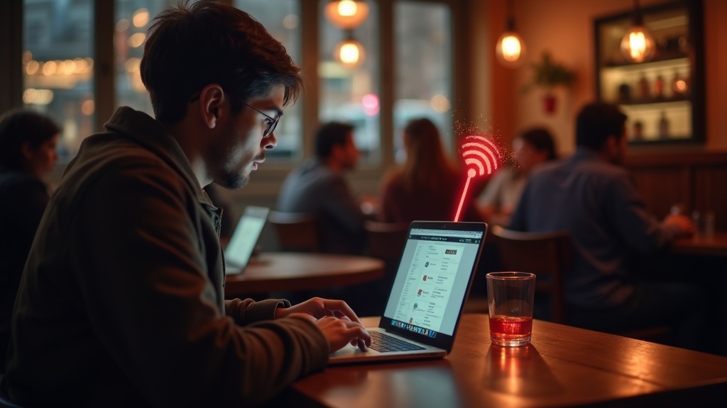 カフェの公衆Wi-Fiを使うユーザーと通信傍受リスクを示すイメージ