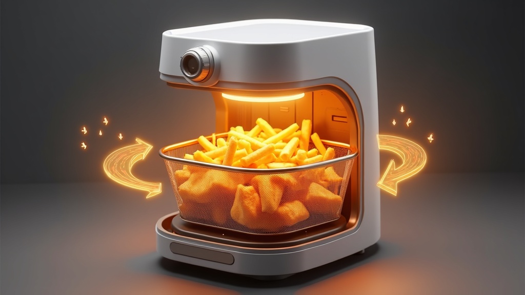 ノンフライヤー内部の熱風循環（エアサーキュレーション）の仕組みを示す断面イメージ