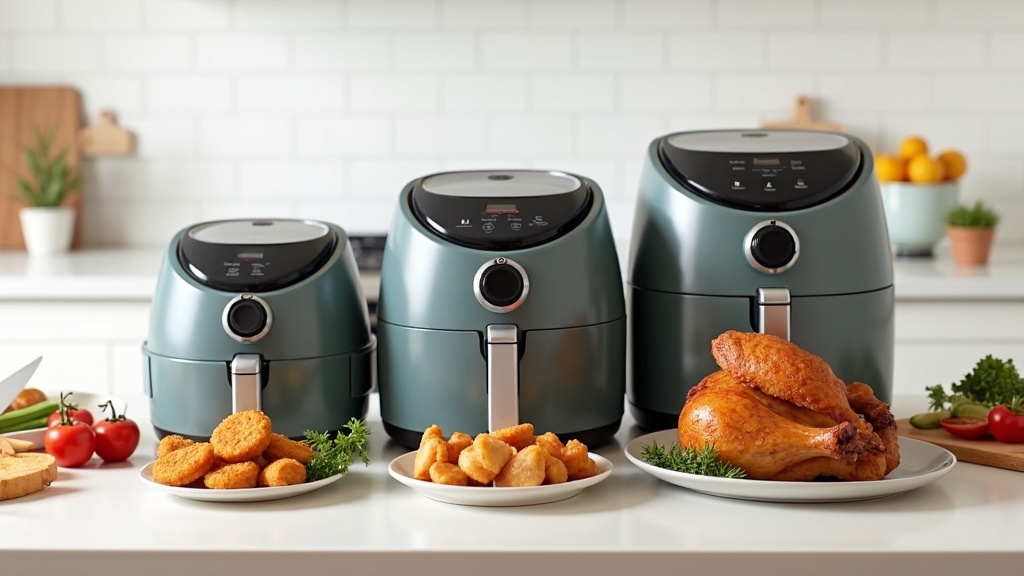 小・中・大サイズのノンフライヤーを容量別に並べた比較イメージ