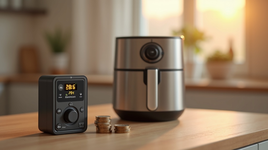 ノンフライヤーと電気代を意識させる電力メーターとコインの組み合わせイメージ