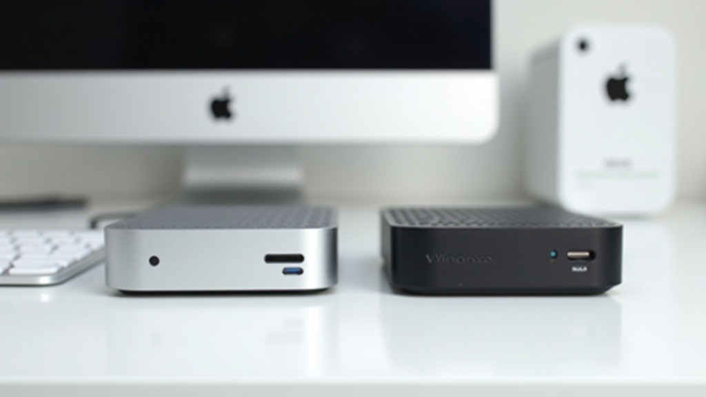 Mac MiniとWindowsミニPCを横並びに比較したデスクトップセットアップ