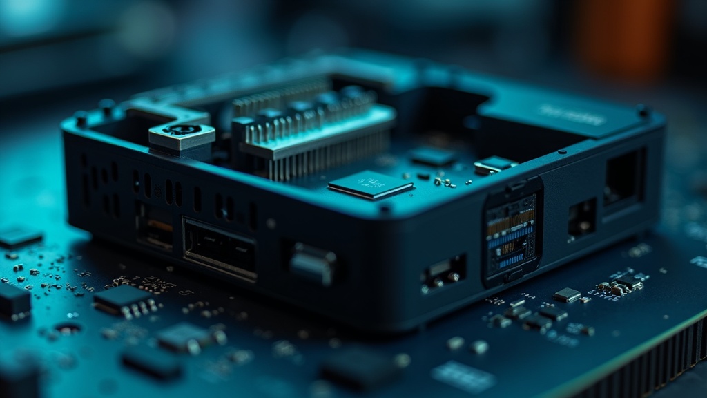 ミニPC内部の小型冷却ファンとオンボードメモリが確認できる基板の様子