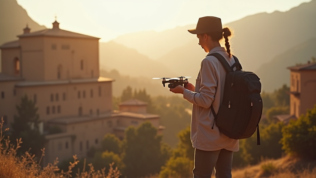旅行先の観光地でバックパックから小型ドローンを取り出す旅行者